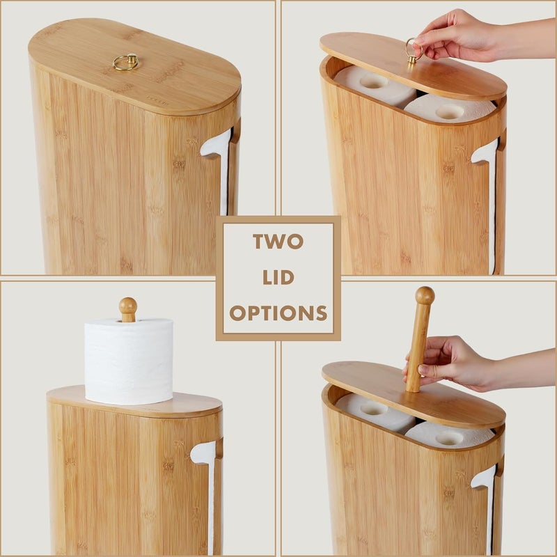 GOBAM Bamboo Toilet Paper Storage with Dual-Use Lid, Freestanding Bathroom Tissue Organizer with Viewing Slot, Built-In Handle, Anti-Slip Base, Compact Toilet Paper Holder Stand for up to 6 Mega Rolls - Image 4